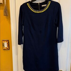 TRINA TURK NAVY BLUE DRESS W/RHINESTONES AND YELLOW BEADS GOLD ZIPPER IN BACK